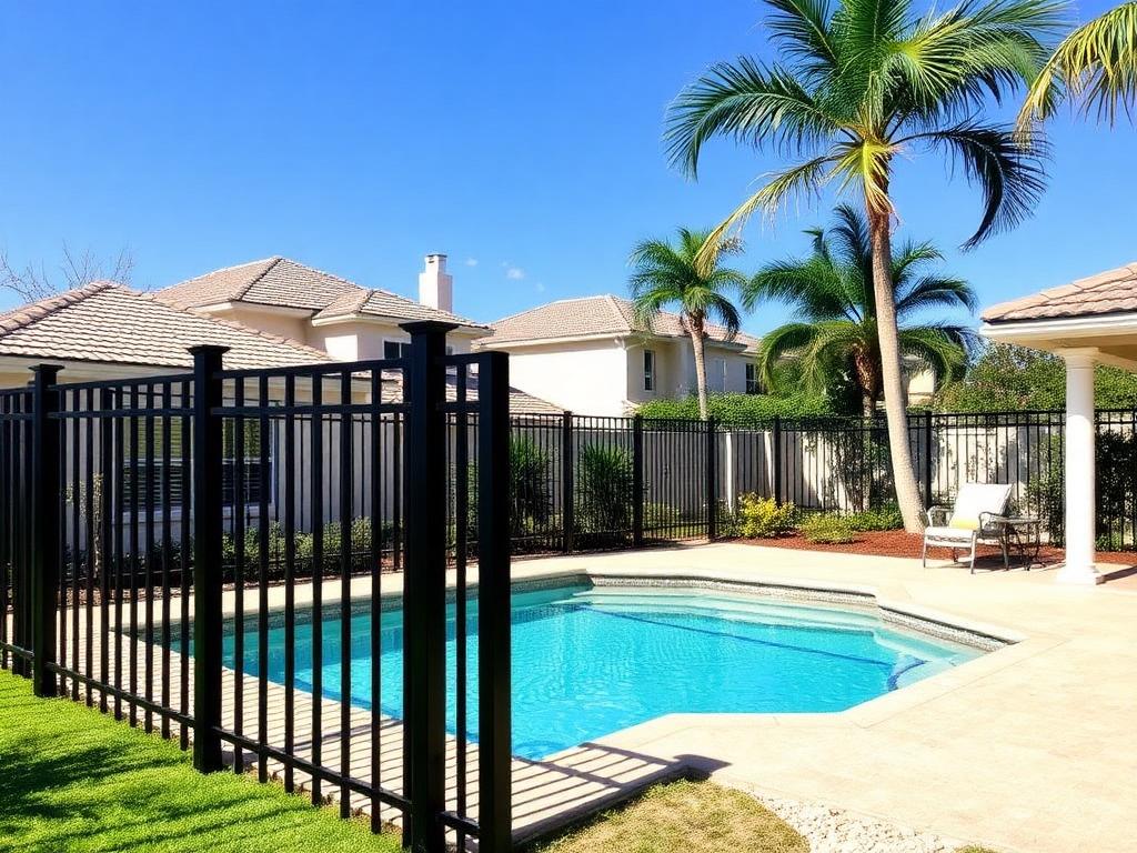 Black aluminum pool fence in a Central Florida backyard