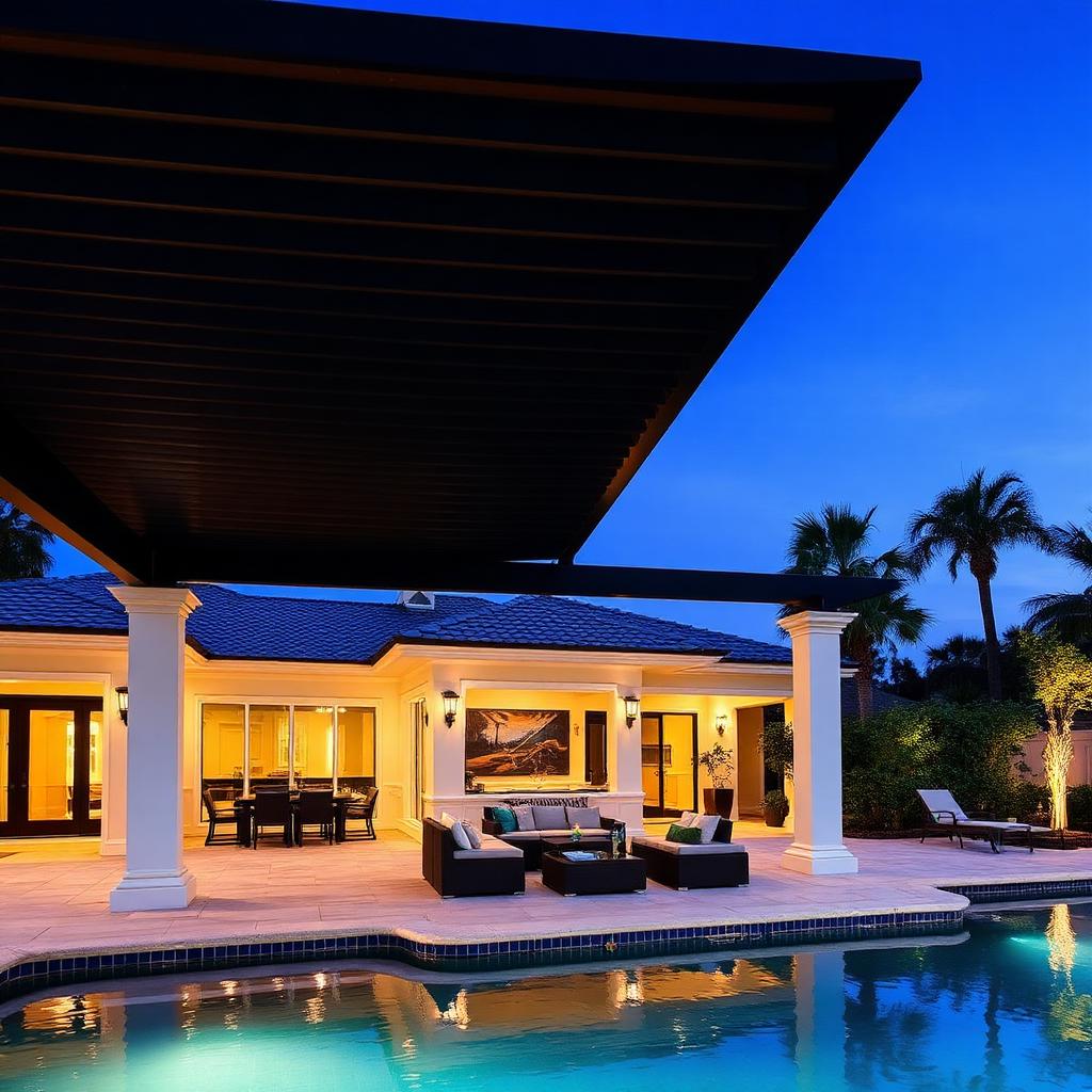 Motorized louvered pergola over a pool deck in Dr Phillips FL